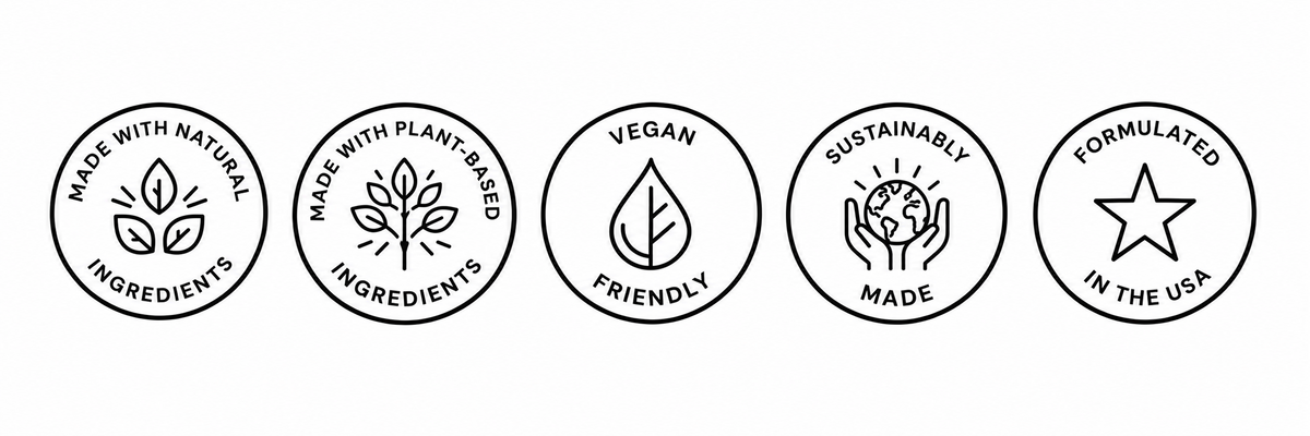 Made with natural ingredients, made with plant-based ingredients, vegan friendly, sustainably made, and formulated in the USA